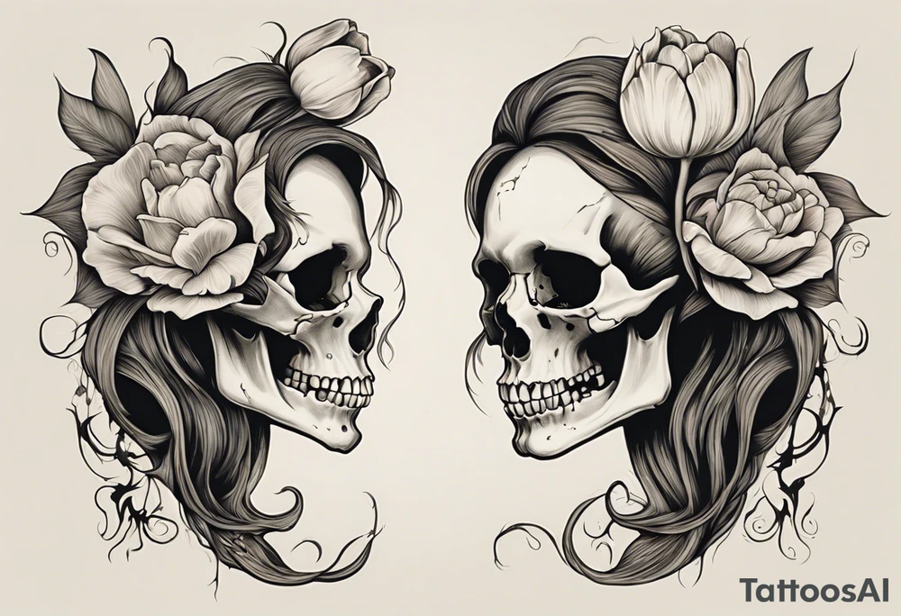 A profile view of a joyful female skull adorned with flowing, long hair, surrounded by symbolism representing the cycle of life and decay. Include a contrast between a fully decayed tulip, a pristine and vibrant tulip in full bloom, and a delicate tulip bud, all harmonizing with the eerie yet beautiful ambiance of the scene. tattoo idea