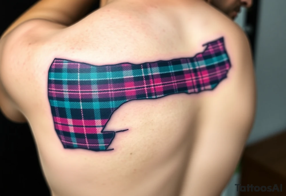 Dark Purple with green pink blue and white highlights tartan fabric on bicep with skin shedding away to reveal tartan underneath tattoo idea
