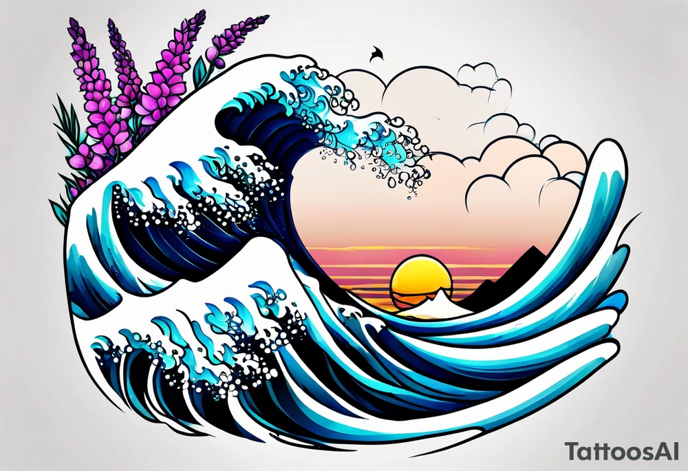 ocean wave with lupin flower and fireweed tattoo idea