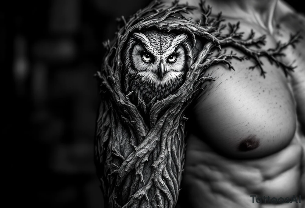 tree bark with face carved into it raven on shoulder and owl inside arm tattoo idea