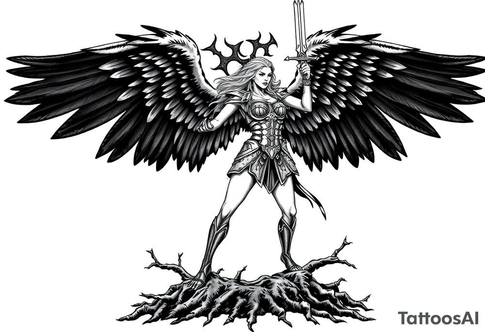 A fierce looking Valkyrie with very big dark wings. The whole body with legs should be visible.
She has armor.
She is standing in a battle ready pose with a sword held high.

She is screaming.
She is standing on roots tattoo idea