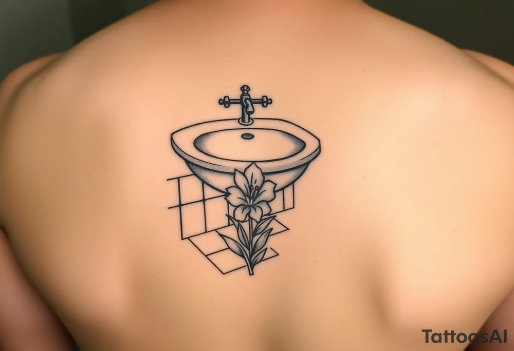 bathroom sink on tile floor with lily coming up out of the floor tattoo idea