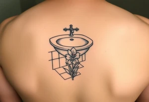 bathroom sink on tile floor with lily coming up out of the floor tattoo idea