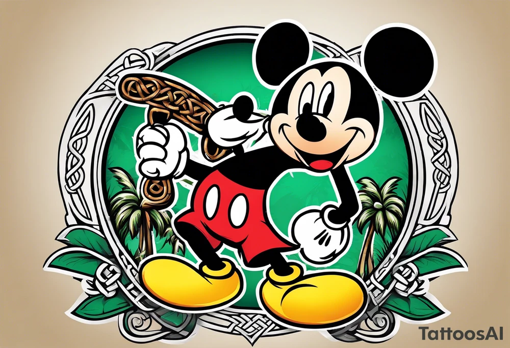 mickey mouse holding a kriss knife in one hand and a rattan stick in the other hand with palm trees and the celtic symbol for family tattoo idea