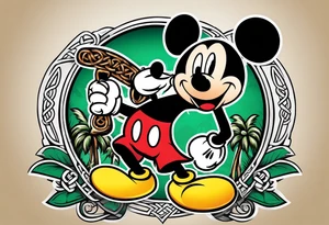 mickey mouse holding a kriss knife in one hand and a rattan stick in the other hand with palm trees and the celtic symbol for family tattoo idea