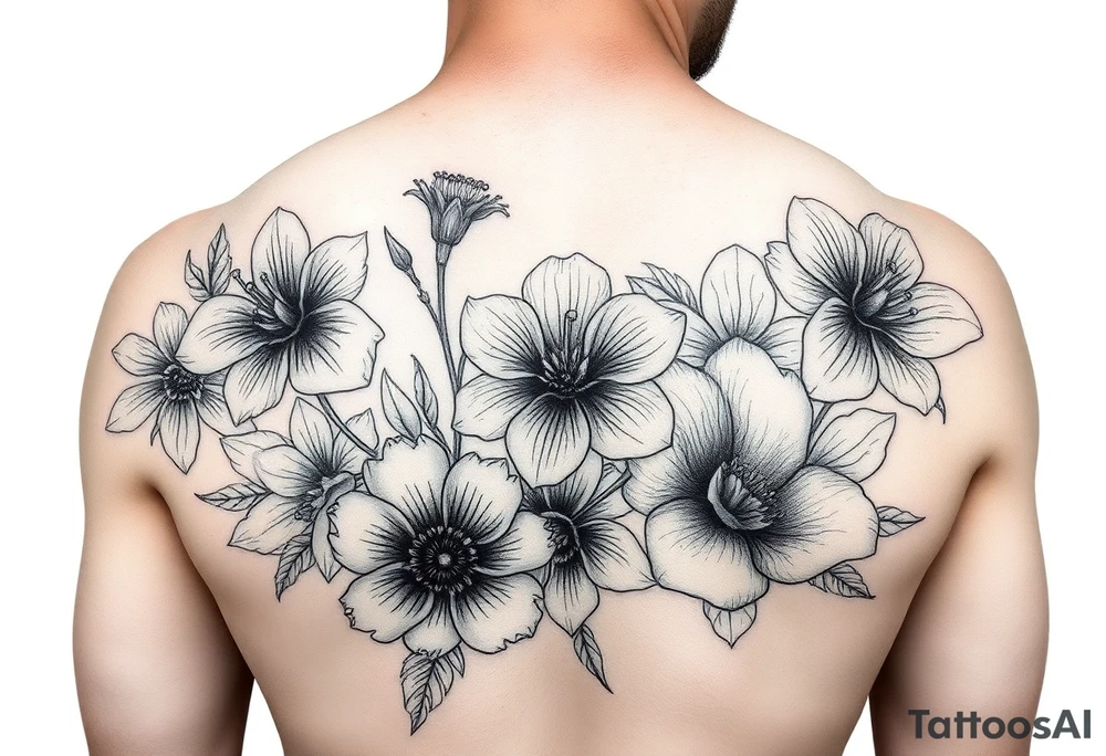 Upper arm and shoulder sleeve
Realistic
Water color
Fine line
Birth flowers for the months of
February 
July
August
October
December tattoo idea