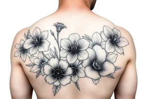 Upper arm and shoulder sleeve
Realistic
Water color
Fine line
Birth flowers for the months of
February 
July
August
October
December tattoo idea