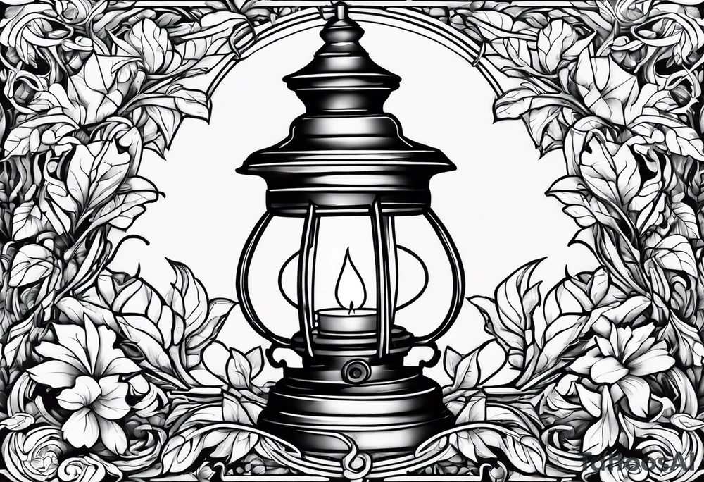 Oil lamp surrounded by leafy vines tattoo idea