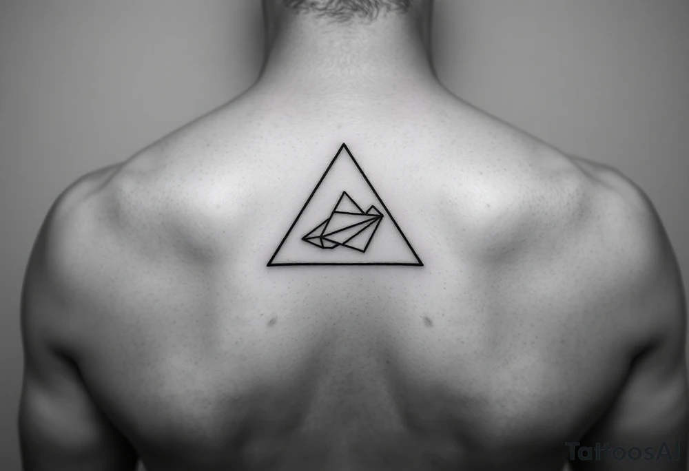 Small geometric triangle with a geometric paper plane going around the world with thin fine lines tattoo idea