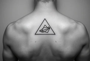 Small geometric triangle with a geometric paper plane going around the world with thin fine lines tattoo idea