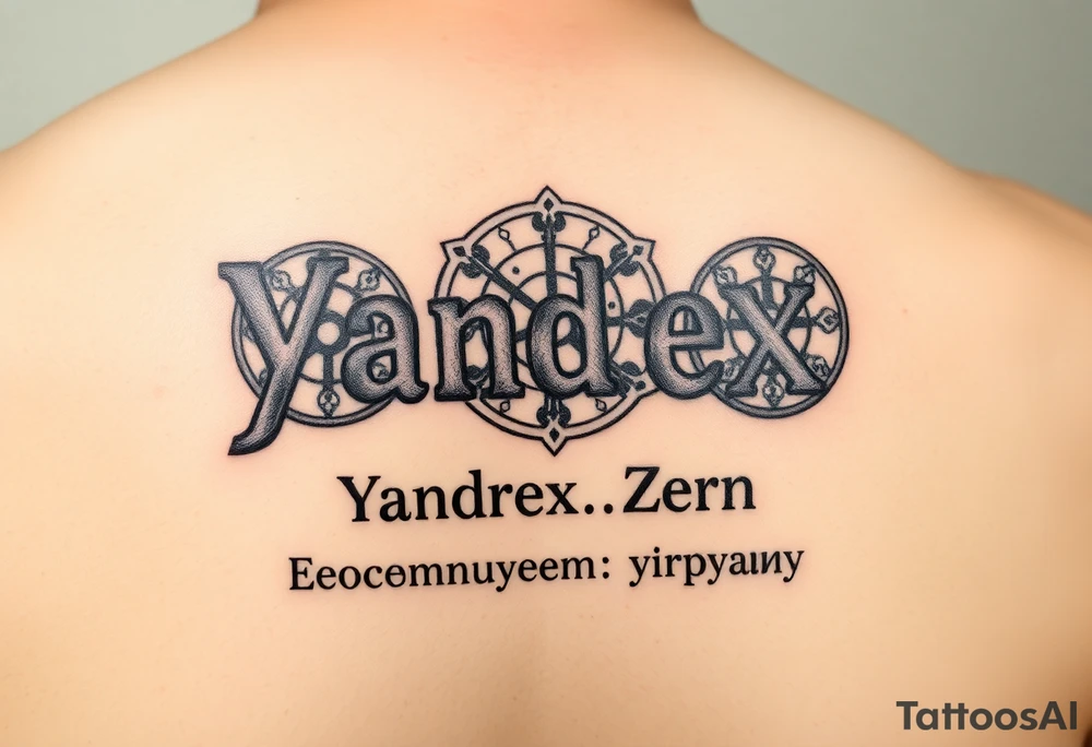 "Yandex.Zen logo, but letters are replaced with samsaric wheels. Slogan below: 'Рекомендуем: нирвану'.  

Style: Censored look (semi-transparent ink). Black/grey, forearm placement." tattoo idea
