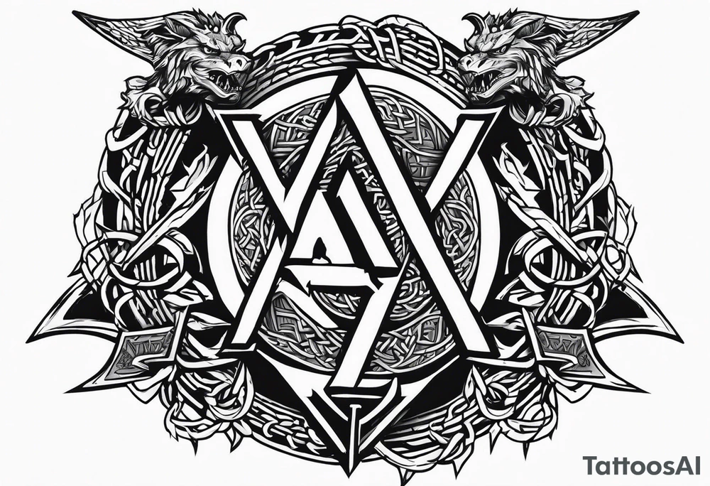 Valhalla sword shield dragon axe Valknut barbed wire chains tattoo idea Valhalla sword shield dragon axe Valknut barbed wire chains tattoo idea