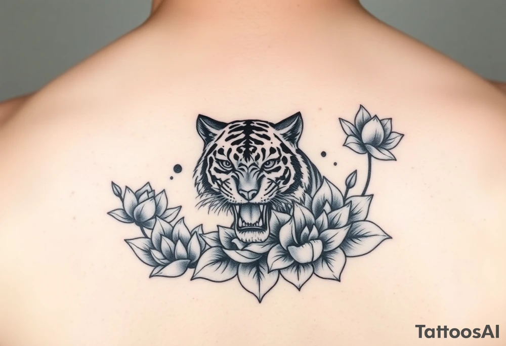 fierce tiger emerging through blooming lotus flowers in mist tattoo idea