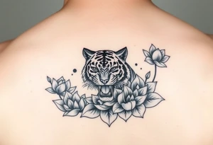 fierce tiger emerging through blooming lotus flowers in mist tattoo idea