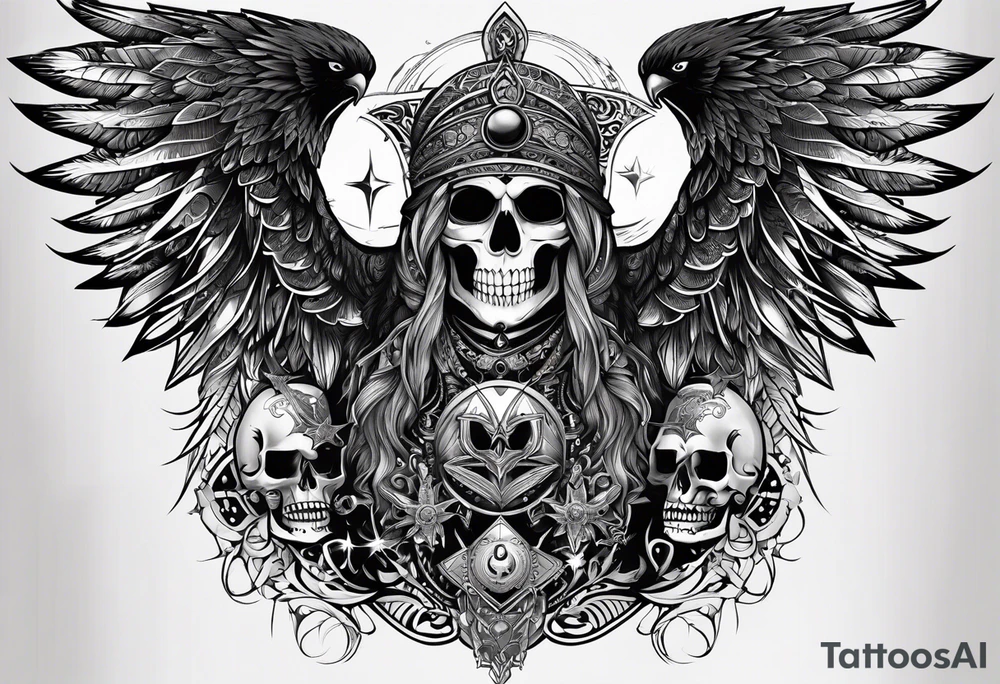 black kali, goddess pirate, alien, pachamama, valkrye, warrior, skull, lotus azul, wing, eagle, zenza resonance, stars, one side chest tattoo idea