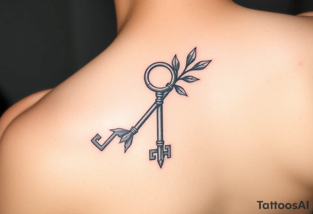 A metal key wrapped in olive leaves tattoo idea