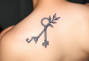 A metal key wrapped in olive leaves tattoo idea