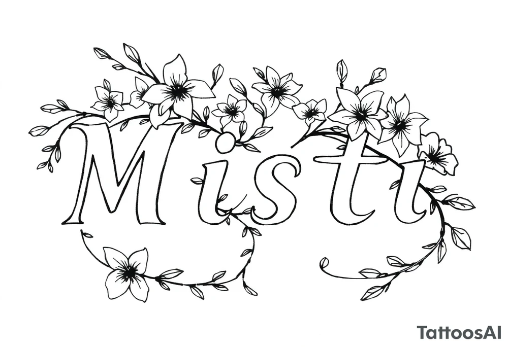 The word Misti surrounded by flowers, lilies. Vine in the letters. tattoo idea