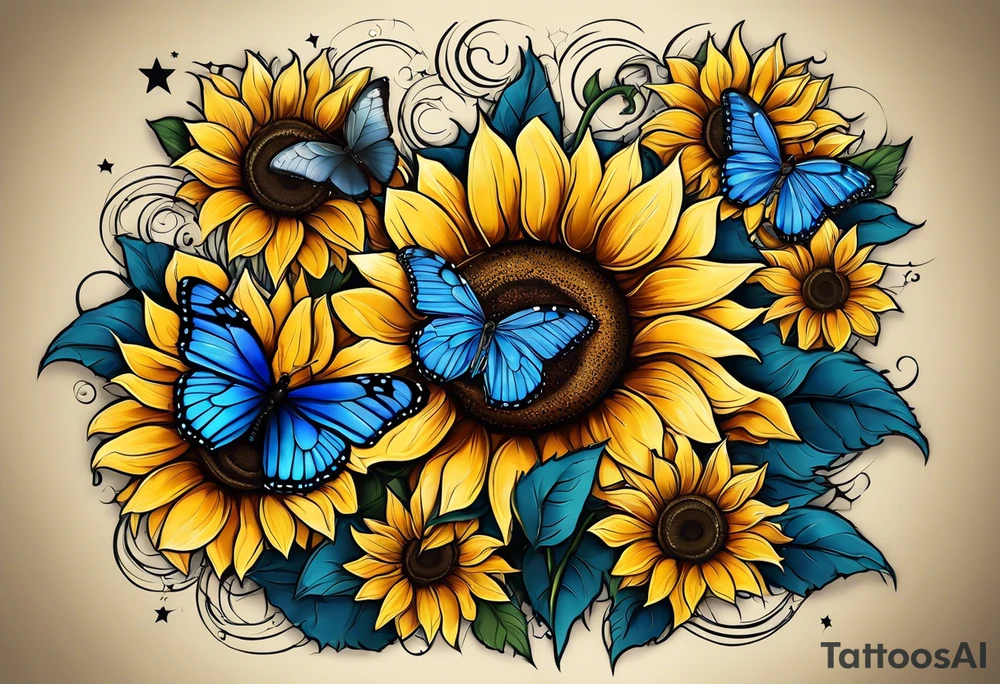 Sunflowers, full moon, blue morpho butterflies, starry night, you are my sunshine, cross, love. tattoo idea
