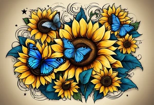Sunflowers, full moon, blue morpho butterflies, starry night, you are my sunshine, cross, love. tattoo idea