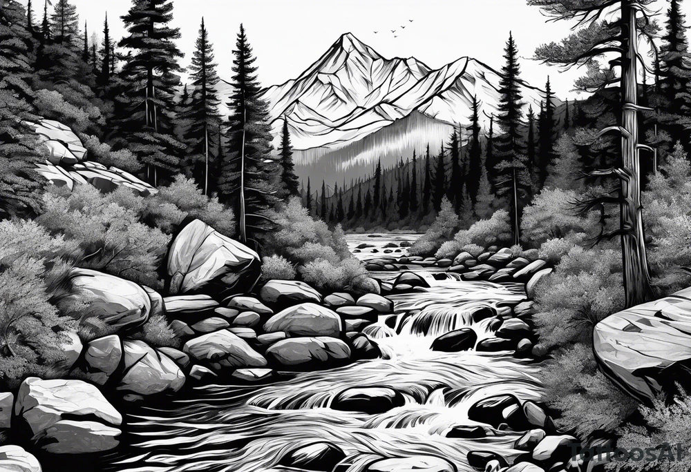 forrest 
river running through rocks and mountains 
open
realistic
less trees tattoo idea