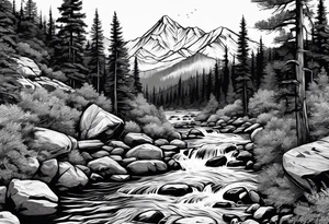 forrest 
river running through rocks and mountains 
open
realistic
less trees tattoo idea