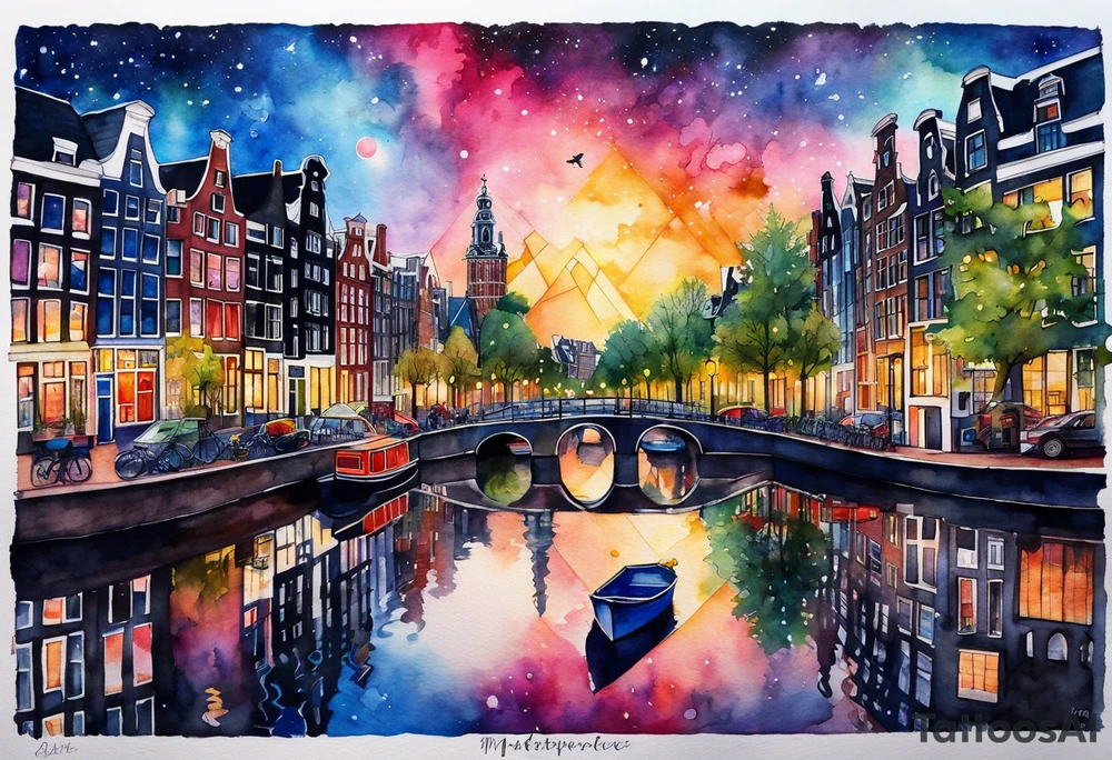 watercolour of animals made from glass in Amsterdam featuring Amsterdam buildings and Amsterdam canal in galaxy colours featuring pineapples as space colours tattoo idea