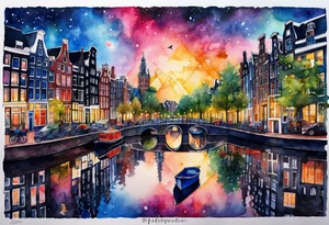 watercolour of animals made from glass in Amsterdam featuring Amsterdam buildings and Amsterdam canal in galaxy colours featuring pineapples as space colours tattoo idea