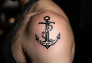 "Never give up" wrapped around the base of a black anchor, symbolizing stability and strength. tattoo idea