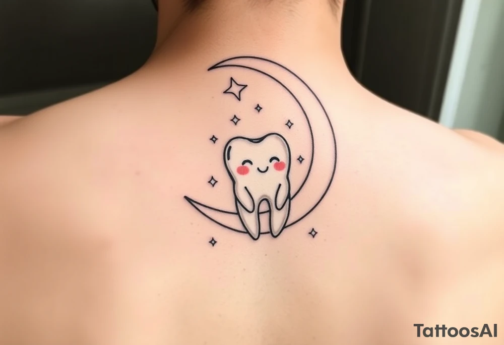 “A cute cartoon-style molar tooth sitting and gently hanging from a crescent moon, surrounded by small sparkling stars. The tooth has a sweet, happy expression (like blushing cheeks and a tiny smile), and the design is minimalistic, clean, and suitable for a small tattoo. Soft pastel colors with smooth shading, delicate outlines, and a dreamy, celestial vibe.” make it short behind the ears tattoo idea