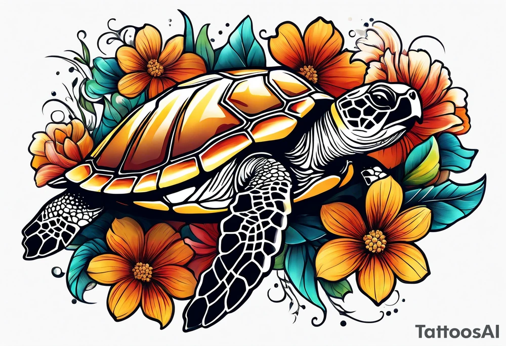 sea turtle, flower tattoo idea