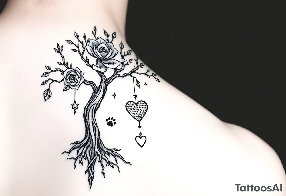 For the shoulder:

Here’s a visual sketch of the Cosmic Tree of Life tattoo concept for your shoulder 🌳✨
	•	Trunk & Roots – grounding, curving toward the chest.
	•	Rose blooming at the end of one branch.
	•	Geisha Fan hanging delicately from another branch.
	•	Scales + Heart as fruit of the tree.
	•	Pawprint carved into the trunk, subtle but personal.
	•	Cosmic stars in the background, adding that mystical, otherworldly aura.

This design flows naturally, ties into your symbolism, and can be shaded/colored to look powerful and feminine at the same time. tattoo idea