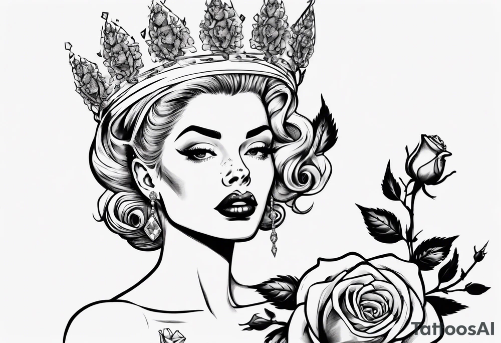 pin-up style queen looking to the side wearing a crown and surrounded by rose flowers, with a diamond in her hand tattoo idea