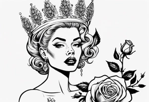 pin-up style queen looking to the side wearing a crown and surrounded by rose flowers, with a diamond in her hand tattoo idea