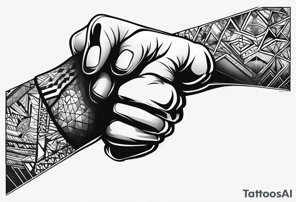 A clenched fist, the hand contains five fingers as specified, the tattoo is a back tattoo using negative space drawing techniques tattoo idea