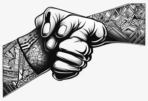 A clenched fist, the hand contains five fingers as specified, the tattoo is a back tattoo using negative space drawing techniques tattoo idea