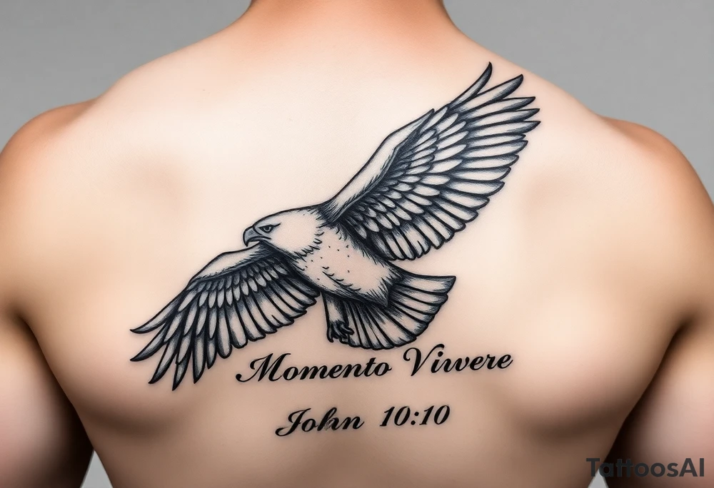 majestic eagle in flight, the words Momento Vivere and John 10:10 tattoo idea