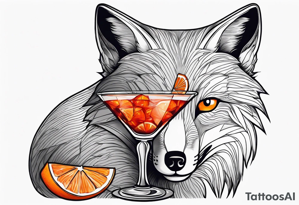 Adult male silver fox holding a Negroni in a lowball crystal glass with an orange peel looking forward tattoo idea