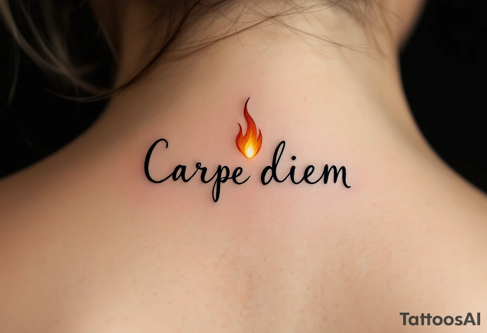 A small black handwritten "Carpe Diem" with a flickering orange flame dotting the “i." in the back of a neck. tattoo idea