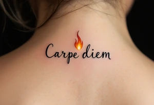 A small black handwritten "Carpe Diem" with a flickering orange flame dotting the “i." in the back of a neck. tattoo idea