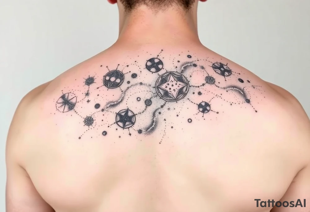 full milky way that covers the upper middle back. Has hues of color tattoo idea