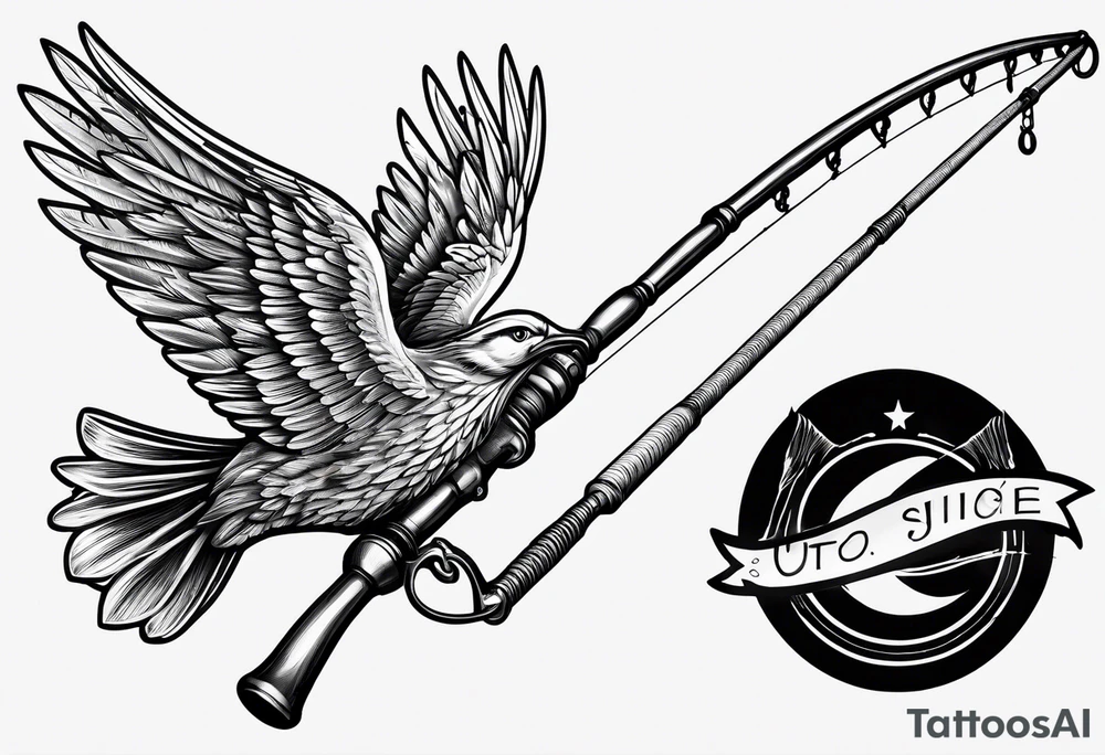 fishing pole and hook with halo and wings tattoo idea