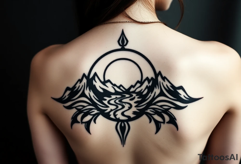 mountains. river and sunrise, let it all be inside one circle. draw a line and divide the circle into two parts, let one part be like day and the other part like night tattoo idea