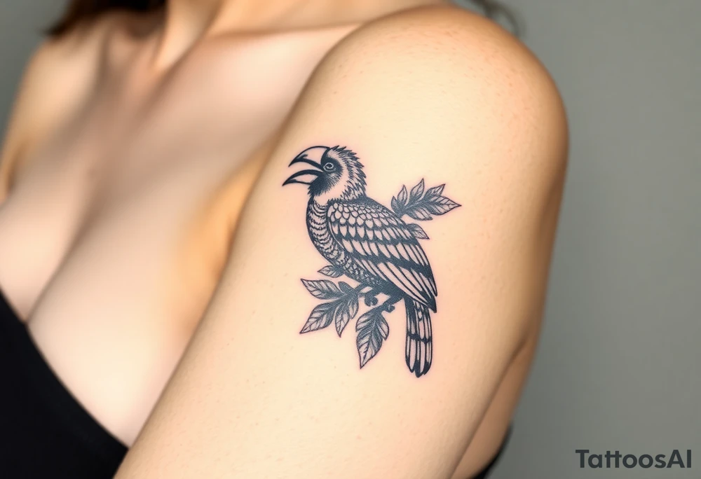 image of a Kalimantan ivory-horned hornbill with a Dayak motif woven background tattoo idea