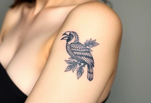 image of a Kalimantan ivory-horned hornbill with a Dayak motif woven background tattoo idea