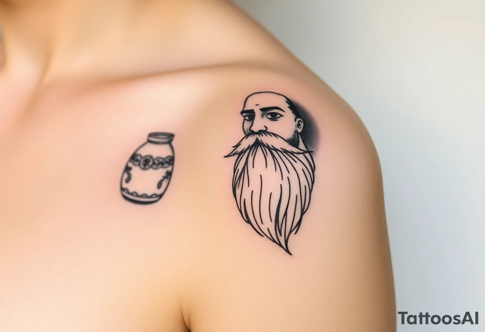 The sign of the aquarian version human man almost resembling a god, with a large beard, with a jar on his shoulder with water coming out of it tattoo idea