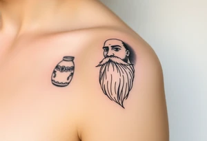 The sign of the aquarian version human man almost resembling a god, with a large beard, with a jar on his shoulder with water coming out of it tattoo idea
