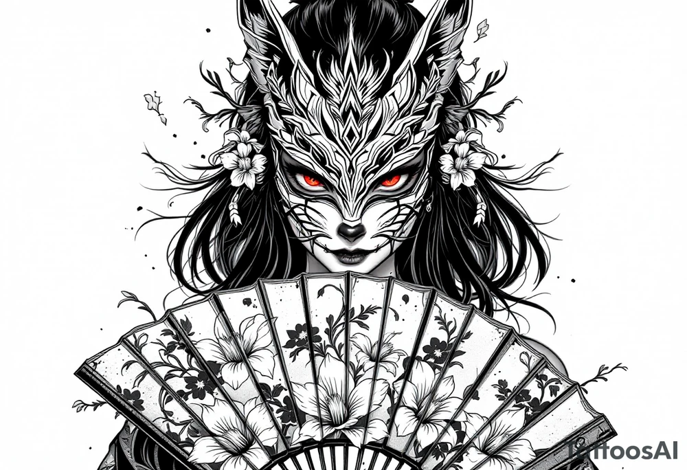 japanese samurai woman with red eyes wearing a kitsune half-mask and holding a fan with irises flowers ornement tattoo idea