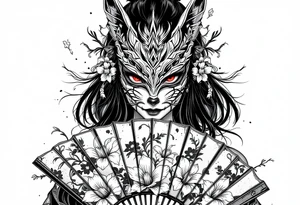 japanese samurai woman with red eyes wearing a kitsune half-mask and holding a fan with irises flowers ornement tattoo idea