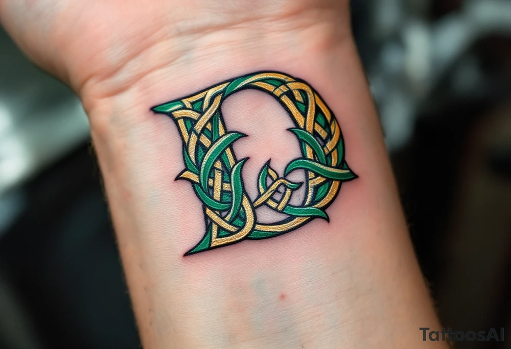 Celtic Knot D – A stylized D built from interwoven green and gold Celtic knots, symbolizing eternity and strength. tattoo idea